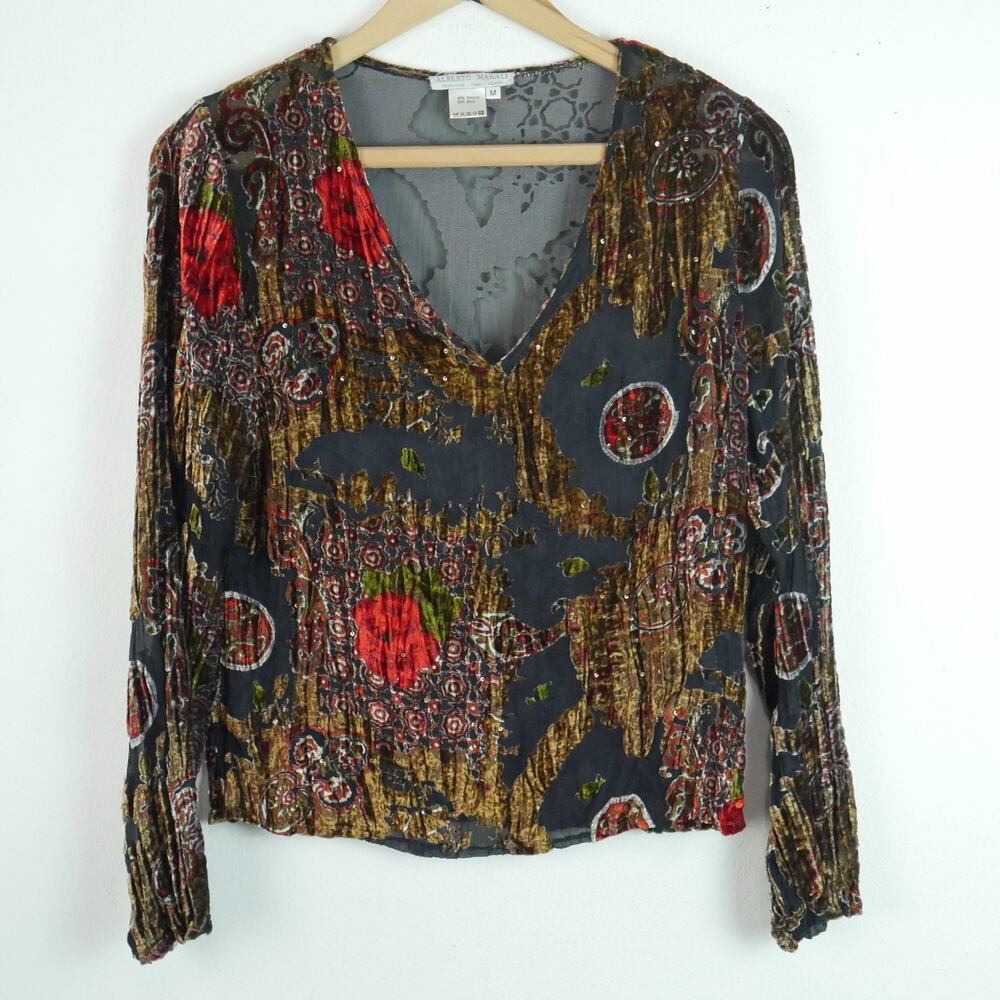 Alberto Makali Medium Velvet Burnout Top Silk Blend Sheer Crinkle Y2K Whimsigoth
